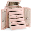 Dajasan Large Jewelry Organizer Box, 6-Tier Jewelry Storage Case with 5 Drawers, Jewelry Boxes for Women Girls with Mirror, Double Door, Textured PU Leather, Gift Idea, Stylish (Pink + Gold)