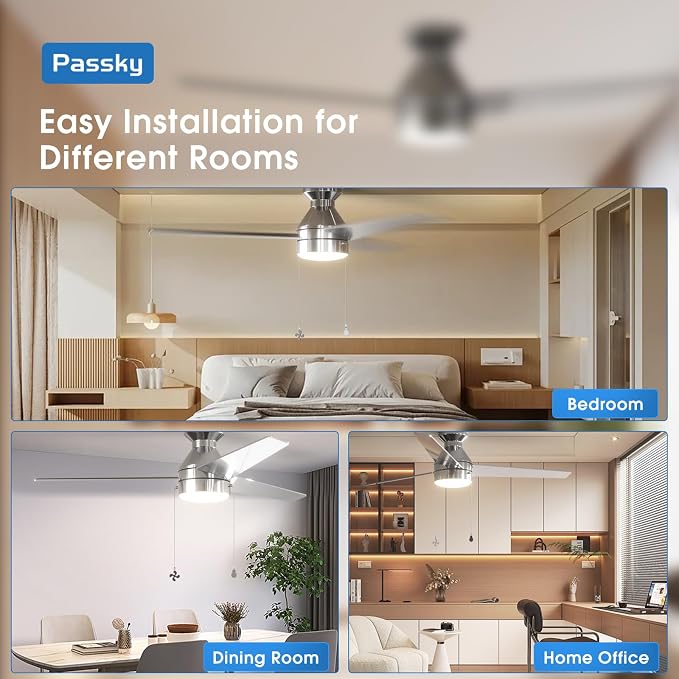 Passky Ceiling Fans with Lights, 52 inch Low Profile Ceiling Fan with Pull Chain and Remote Control, Flush Mount, Reversible, 5CCT, Dimmable, Noiseless, Nickel Pull Cord Ceiling Fan for Bedroom