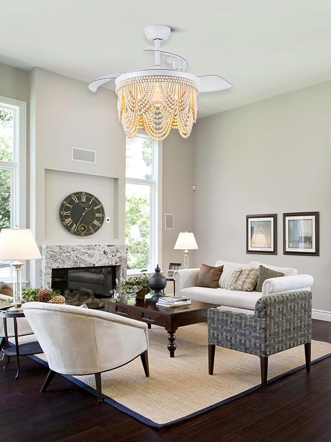 42 Inch Boho Ceiling Fan with Lights Retractable Chandelier Ceiling Fan Wood Beaded Coastal Chandelier for Bedroom Living Room White Fandelier 3 E26 Bulb, 6 Speeds Reversible Quiet DC Motor