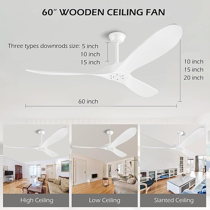 60 Inch White Ceiling Fan No Light ，Wood Indoor Outdoor Ceiling Fans for Patios Living Room Bedroom Porch Big Farmhouse Ceiling Fan for Flat Sloped Angled Ceiling