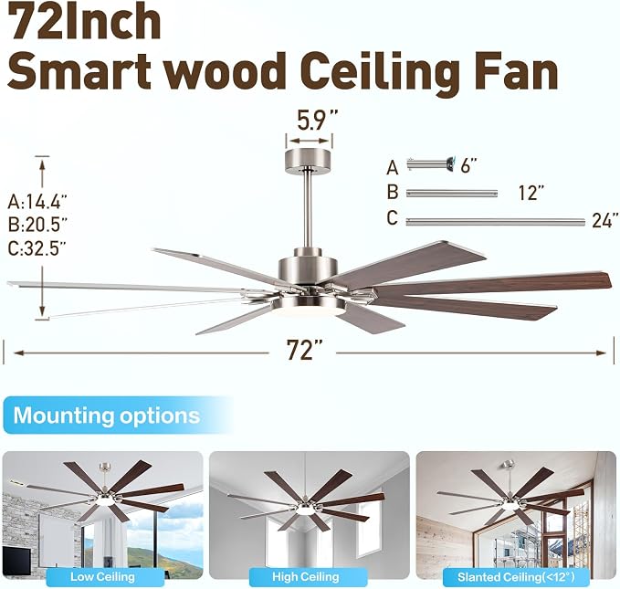 Minislak 72Inch Large Brushed Nickel Ceiling Fans with Light and Remote Control,8 Wooden Blades,6-Speeed,3CCT,Quiet Reversible DC Motor,Indoor Outdoor Ceiling Fan for Patio/Living Room/Garden