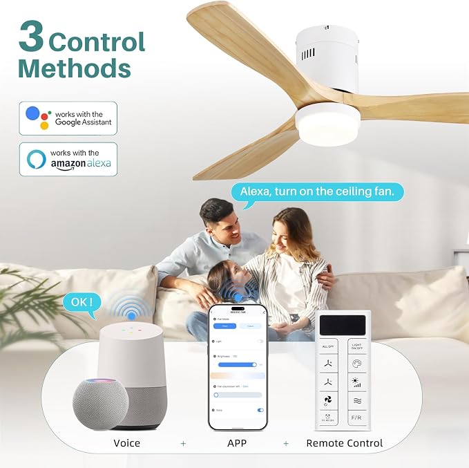 Sofucor 52 Inch Smart Natural Wood Ceiling Fans with Light Flush Mount Low Profile Modern Outdoor Solid Wood Ceiling Fan with Alexa/Google/APP/Remote Control for Bedroom/Living Room/Kitchen/Patio/Gym