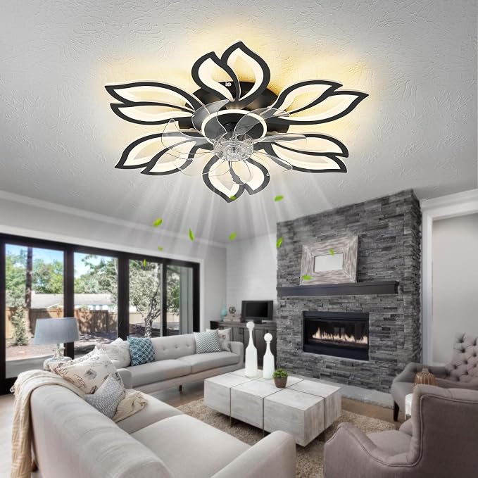 Black Flower Modern Ceiling Fans with Lights, Low Profile Ceiling Fan with Remote for Bedroom, Flush Mount Ceiling Fan with LED Dimmable Light,6-Speeds, Ceiling Fans Light