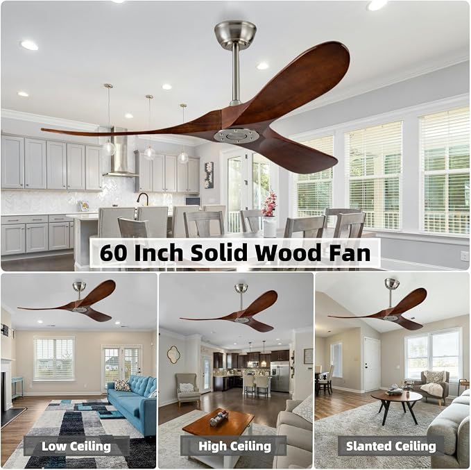 60 Inch Ceiling Fan Without Light, Deep Walnut Remote Control 6 Speed Silent Ceiling Fan Without Light,Suitable for Courtyard, Porch, Bedroom and Outdoor.