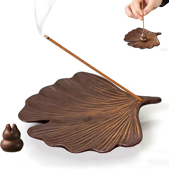 Ceramic Incense Holder, Incense Burner Tray for Sticks,Coil,Cone,Handcrafted Burner Ash Catcher for Yoga Meditation Energy Cleansing Room Décor(Brown, Ginkgo Leaf & Gourd)