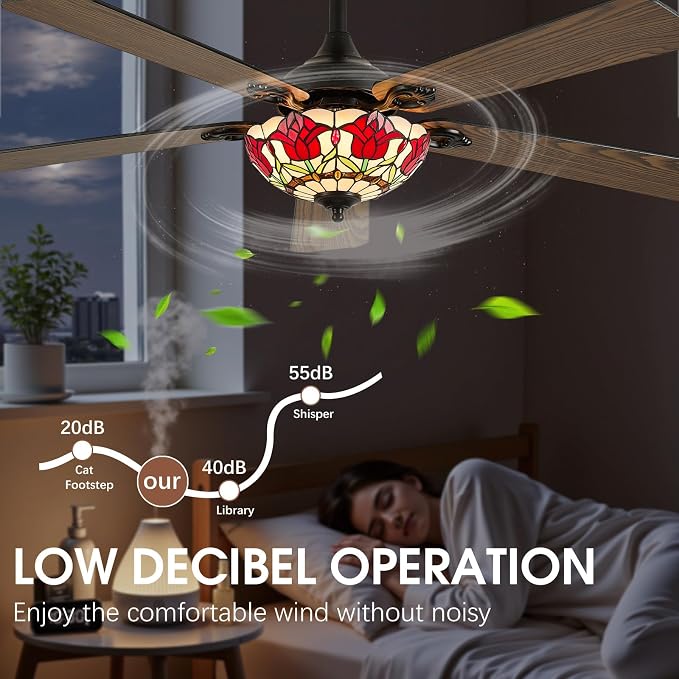 52" Tiffany Style Ceiling Fans with Lights, Vintage Chandelier Ceiling Fan with Stained Glass Shade, Dimmable LED, 6 Speeds Reversible for Bedroom (Red Rose)