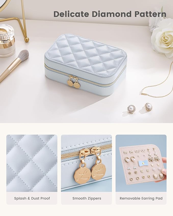 Lolalet Travel Jewelry Case for Women Girls, PU Leather Jewelry Organizer with Clear Storage Bag Small Portable Jewelry Box for Necklace Bracelet Earring Ring Birthday Bridesmaid Gifts -Medium/Blue