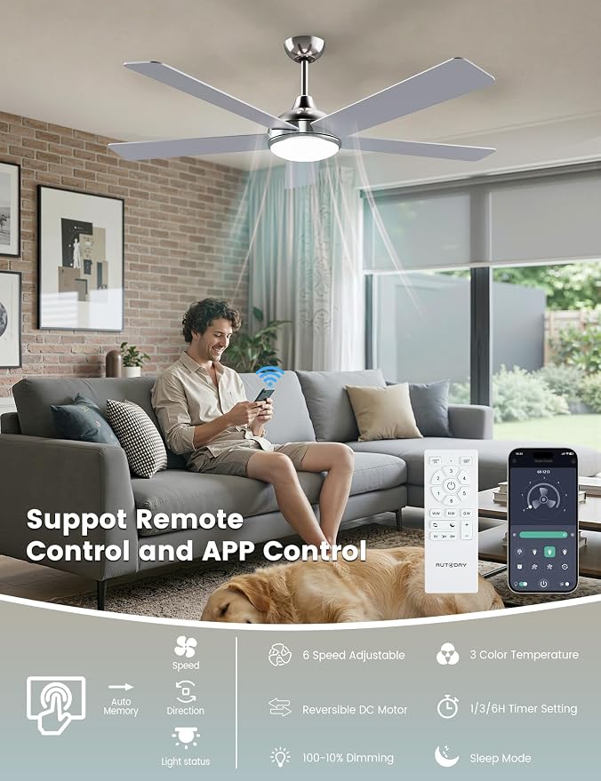 60 Inch Ceiling Fans with Lights and Remote/App Control: Brushed Nicel Ceiling Fan with Light, Quiet DC Motor, Dimmable Tri-Color LED, Modern Ceiling Fan for Bedroom/Patio, Indoor/Outdoor