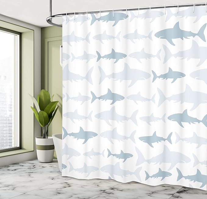 Ambesonne Sea Animals Shower Curtain, Monochrome Shark Illustration Fashion Maritime Illustration Aquatics, Cloth Fabric Bathroom Decor Set with Hooks, 69" W x 70" L, Cadet Blue