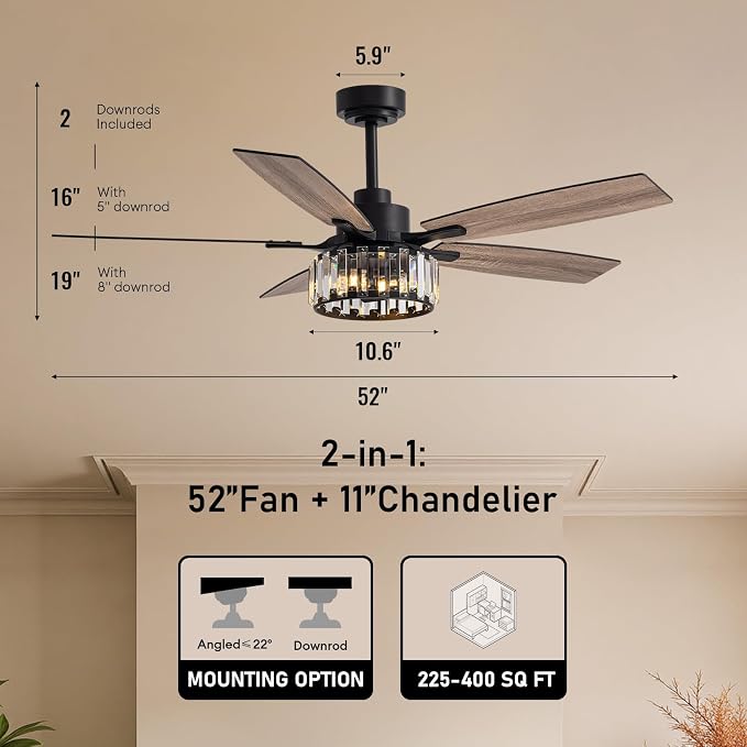 52 inch Crystal Fandelier Ceiling Fan with LED Lights, Chandelier Ceiling Fan with Remote and APP Control, Reversible Ceiling Fan for Indoor, Used in Bedroom, Living Room, Pation