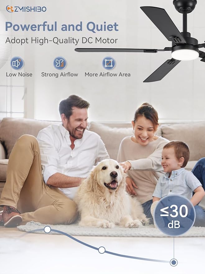 ZMISHIBO 52" Ceiling Fans with Lights, Black Modern Ceiling Fan with Remote & App Control, Farmhouse Indoor Ceiling Fan with Dual Finish Blades, Quiet & Strong Motor, 24W Dimmable Bright LED Light