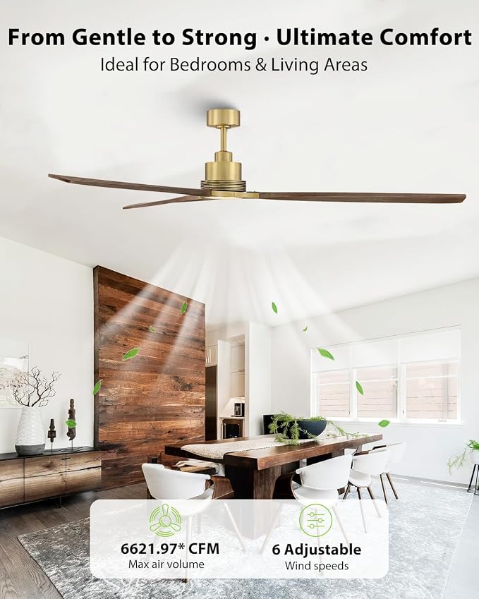 84 Inch Wood Ceiling Fan with Lights, Gold Ceiling Fan with Remote Control, Farmhouse Large Ceiling Fan for Living Room Dining Room Commercial, Quiet DC Motor Dimmable LED Reversible