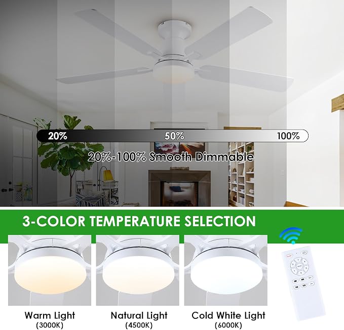 Mpayel 52 Inch Ceiling Fans with Lights and Remote, White Ceiling Fan with Light Flush Mount, Low Noise, Reversible, Dimmable, Modern Low Profile Ceiling Fan with Light for Bedroom Indoor Outdoor