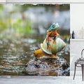 Ambesonne Funny Shower Curtain, Colorful Frog Above The Snail Riverscape Water Rock Mollusks Amphibian Animals, Cloth Fabric Bathroom Decor Set with Hooks, 69" W x 84" L, Multicolor Earth Yellow