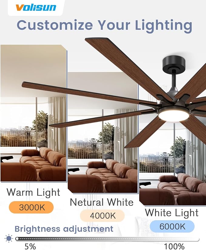 VOLISUN Large Ceiling Fans with Lights, 72 inch Ceiling Fan with Light and Remote, Indoor/Outdoor Black Ceiling Fans for Patio, Living Room, 6 Speed Reversible Quiet, 3 CCT, Dual Finish 8 Blades