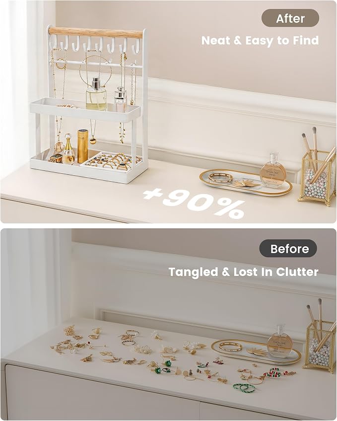 4-Tier Jewelry Organizer Stand with 12 Hooks & Velvet Ring Tray, Necklace Holder, Tangle-Free Jewelry Display for Bracelets Rings, Room Dorm Decor for Dresser Vanity, Gift for Teen Girls, White