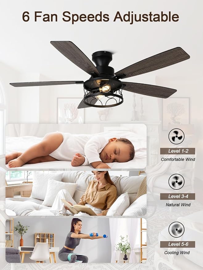 52 Inch Flush Mount Farmhouse Ceiling Fan with Lights and Remote | Rustic Fandelier Black Metal Caged Chandelier Fan, 5 Dual Blades, Reversible Quiet DC Motor 6 Speed, for Bedroom Living Room