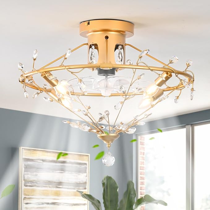 Ganeed 23.6 Inch Gold Crystal Fandelier Ceiling Fan with Light, Chandelier Ceiling Fan with Lights Remote Control, Modern Crystal Fandelier 6 Speeds for Girl's Bedroom Nursery Living Room Kitchen