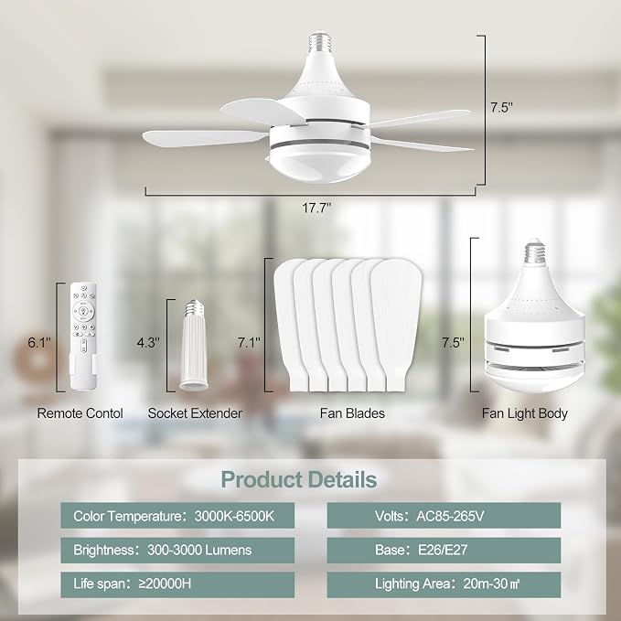 17.7" Socket Fan Light, 3000 Lumens Small Ceiling Fans with Lights and Remote, E26/E27 Light Bulb Fan with Reversible Motor, Dimmable 3000K-6500K Light Socket Fan for Bedroom Kitchen Garage