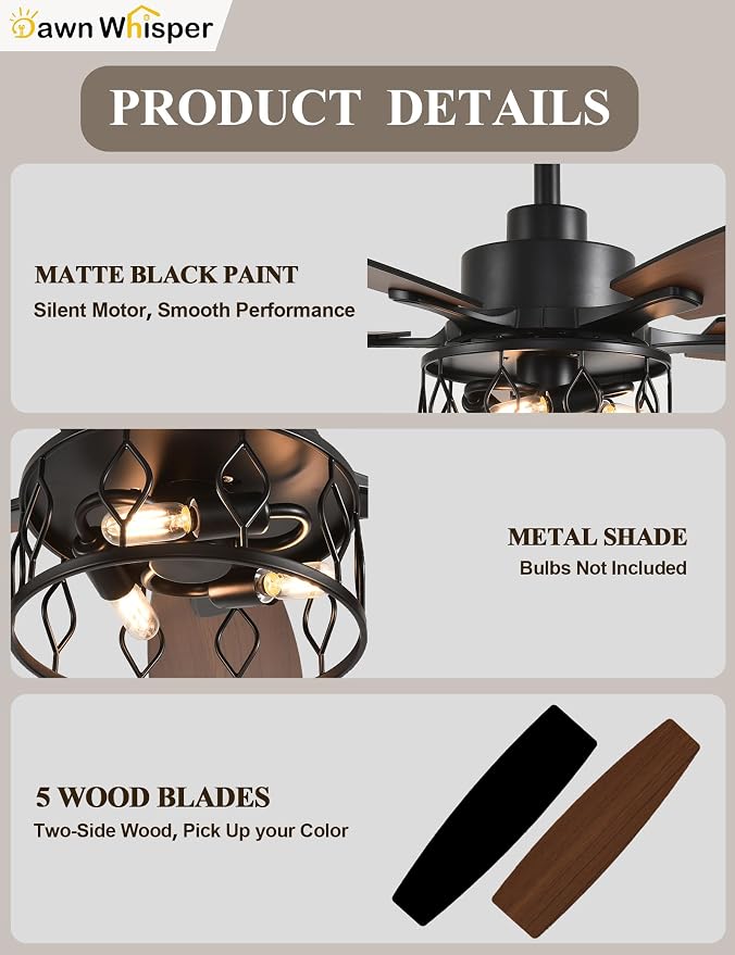 Dawn Whisper 52 Inch Black Ceiling Fans with Lights Farmhouse Ceiling Fan with Remote for Bedroom Living Room Caged Classic Chandelier Fan for Indoor(NO Bulbs