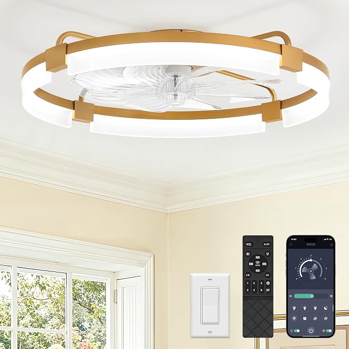 LEDIARY 24" Ceiling Fans with Lights and Remote, Modern Low Profile Ceiling Fan, 3 CCT, Stepless Dimmable, Fandelier Flush Mount Fan Light, 6 Speeds, DC Motor, App & Remote Control for Bedroom(Gold)