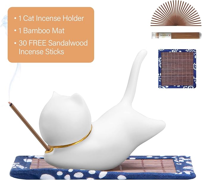 Incense Holder Handmade Ceramic Incense Burner with 30 Sandalwood Insence-Stick Holder with Bamboo Mat, Cute Cat Decor Incense Holder for Sticks for Aromatherapy/Yoga/Meditation/Home