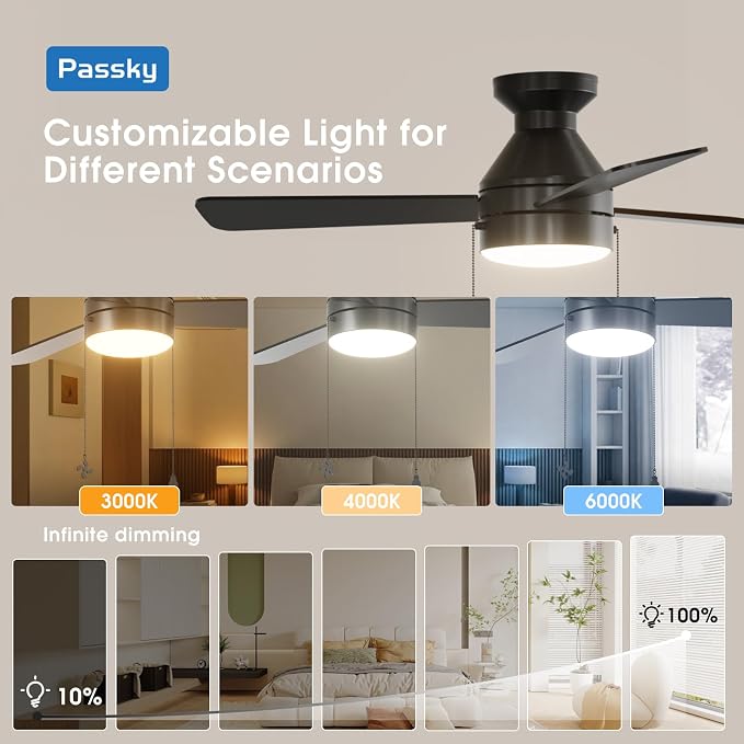Passky Ceiling Fans with Lights, 42 inch Low Profile Ceiling Fan with Pull Chain and Remote Control, Flush Mount, Reversible, 5CCT, Dimmable, Noiseless, Black Pull Cord Ceiling Fan for Bedroom
