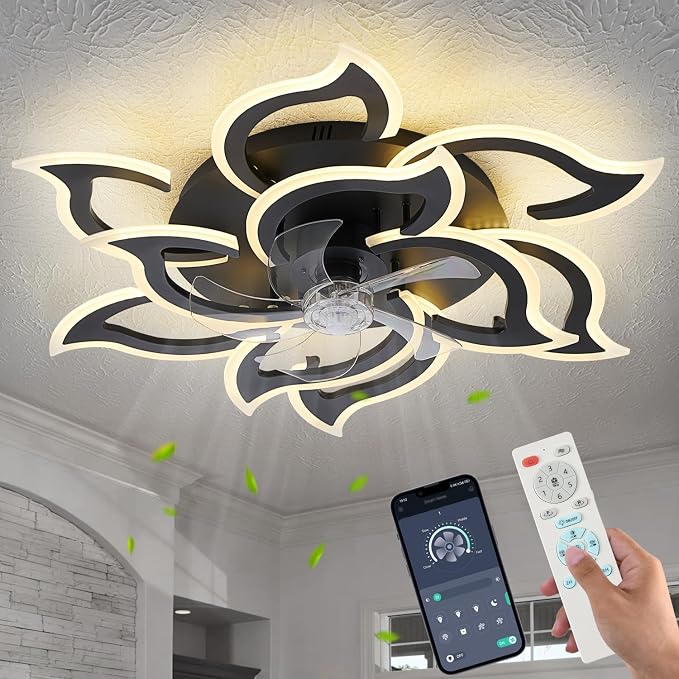 Ceiling Fans with Lights and Remote, 32Inch Modern Low Profile Ceiling Fan with App Control, Dimmable LED Flush Mount Ceiling Fan Lights, Ceiling Fans for Livingroom，Diningroom, Kitchen, Indoor-Black