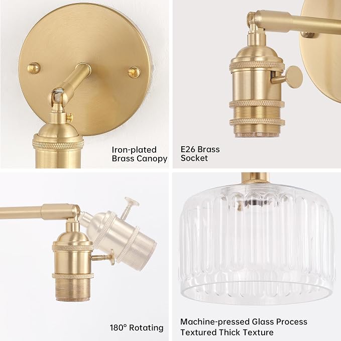 Shenmoyl Vintage Battery Operated Wall Sconce with Clear Striped Glass Lampshade 5000 mAh Rechargeable Battery Powered Wall Light with Remote Control for Bedside Bedroom Doorway