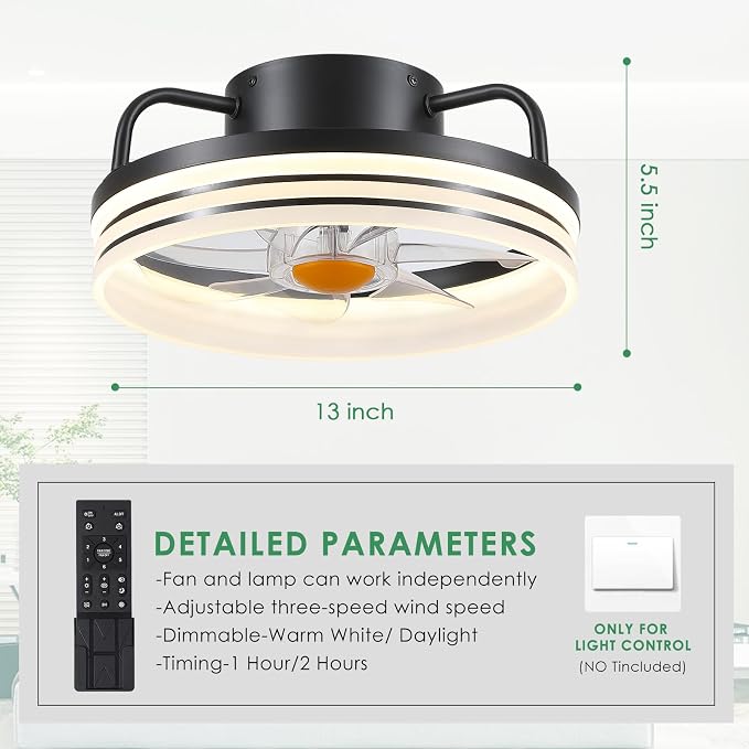 Mpayel Ceiling Fans with Lights and Remote - Flush Mount Low Profile Ceiling Fans - 13” Bladeless Enclosed Ceiling Fans with Led Light and Stepless Dimming, Small Modern Ceiling Fan for Bedroom