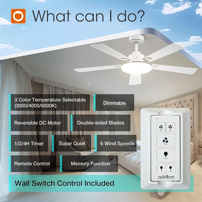 addlon Ceiling Fans with Lights, 52 inch White Ceiling fan with Light and Remote Control, Reversible, 3CCT, Dimmable, Noiseless, Small Ceiling Fan for Bedroom, Farmhouse, Indoor/Outdoor Use