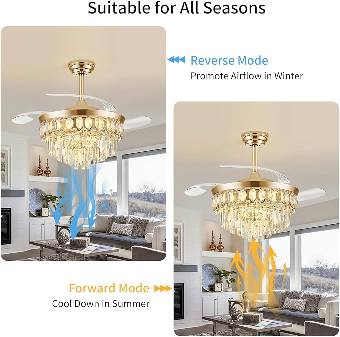FIDGRA 42 Inch Fandelier Ceiling Fan with Light, Retractable Ceiling Fan with Lights Chandelier Fan for Bedroom, Living Room, 3 Color Temperature, 6 Wind Speed-Gold
