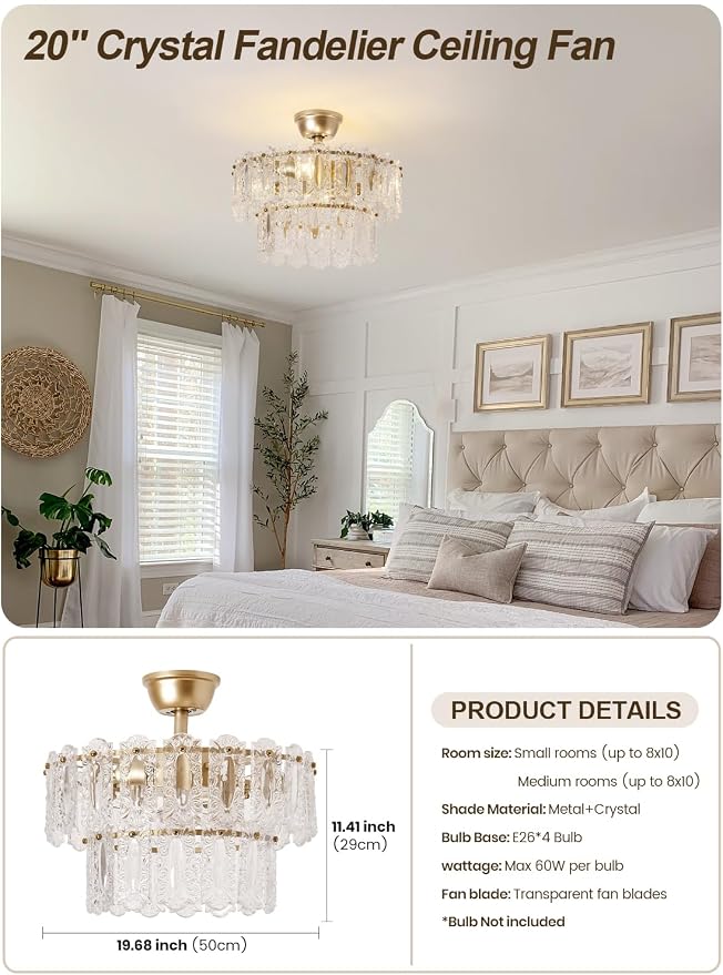 Gold Crystal Fandelier Ceiling Fan with Light, 20" Caged Chandelier Ceiling Fan with Light Remote Control, Mid-Century Enclosed 6 Speeds for Bedroom, Nursery, Living Room, Foyer