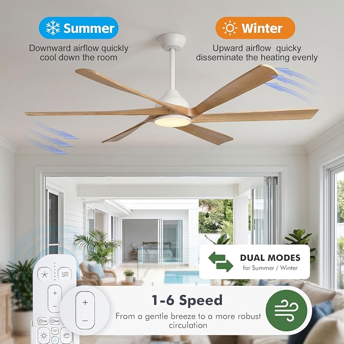 60 Inch Smart Wood Ceiling Fan with Light and Remote, Compatible with Alexa/App, 6 Solid Walnut Blades, ETL Listed Quiet DC Motor, Damp Rated Farmhouse Ceiling Fan for Covered Patio, Living Room