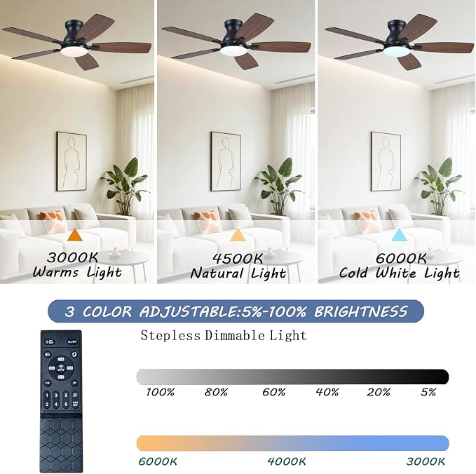 NKPU Ceiling Fans with Lights, Low Profile Ceiling Fan with Light and Remote/APP Control, DC Reversible Motor, Noiseless, Flush Mount, 46inch Brown Ceiling Fan for Bedroom Indoor/Outdoor Use