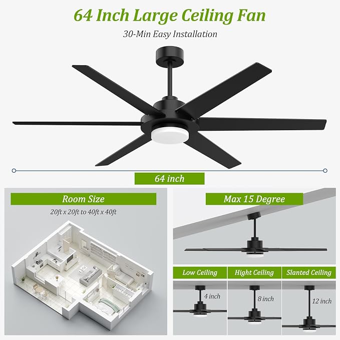 64 inch Ceiling Fans with Lights and Remote&APP,Industrial Ceiling Fan Reversible Quiet DC Motor, 6 Speed 3 CCT Dimiable, Modern Large Ceiling Fan for Living Room Farmhouse Patios Outdoor Gazebo Black
