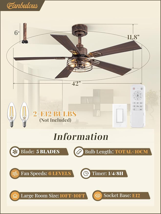 2 Pack Farmhouse 42 Inch Ceiling Fans with Lights, Industrial Caged Ceiling Fans for Bedroom Living Room, Double-Sided 5 Blades Rustic Ceiling Fan-Black Gold
