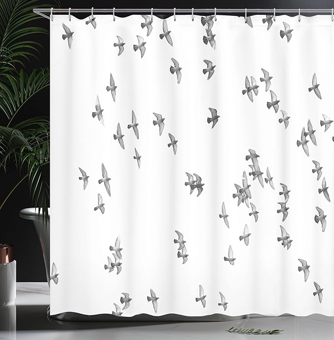 Ambesonne Lifestyle Shower Curtain, Group of Pigeon Gulls Birds Dove Flying on Sky Urban Scenic Move on Photo Print, Cloth Fabric Bathroom Decor Set with Hooks, 69" W x 75" L, Ivory Grey