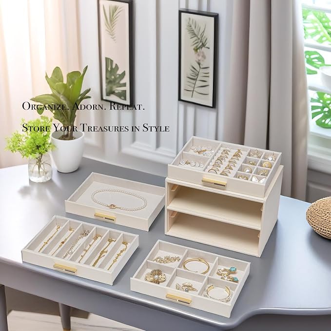 VLANDO 4-Drawer Jewelry Box with Glass Lid, Faux Leather Organizer for Rings Earrings Necklaces and More, Gift-Ready Jewelry Case for Women Girls or Moms, Beige