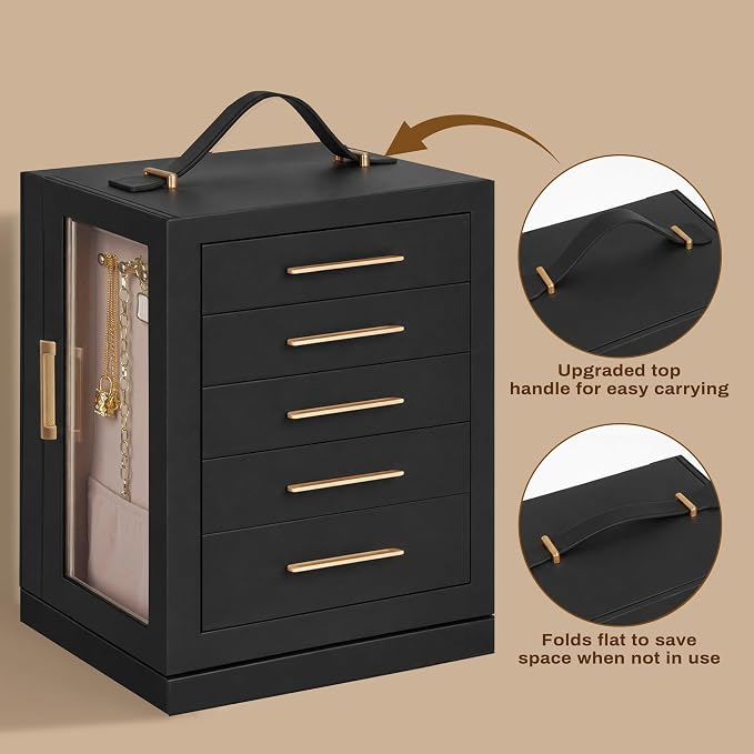 360° Rotating 5‑Drawers Jewelry Box with Top Handle & Glass Window, Spacious Vertical Jewelry Organizer, Jewelry Storage Case, Dustproof & Moisture‑resistant Design, Black