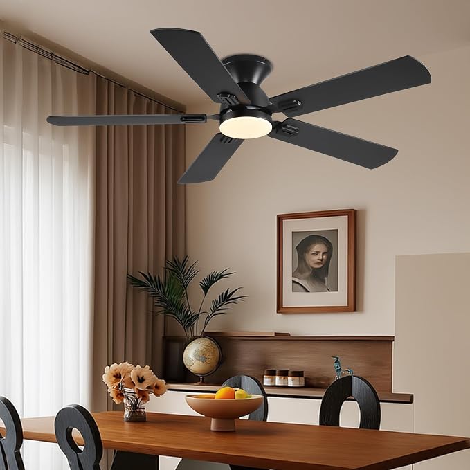 Ayaoty Ceiling Fan with Light - 52" Black Flush Mount Fandliers | 3CCT Dimmable, Reversible, Low Profile Fan Light for Indoor Modern Bedroom, Kitchen