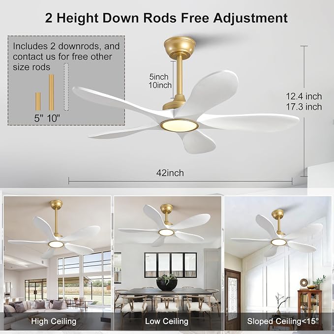 42 Inch White and Gold Ceiling Fans with Lights and Remote Control, Modern 3 Blade Wood Ceiling Fan, Outdoor Indoor Ceiling Fan with Light for Bedroom, Living Room, Quiet DC Motor, Dimmable