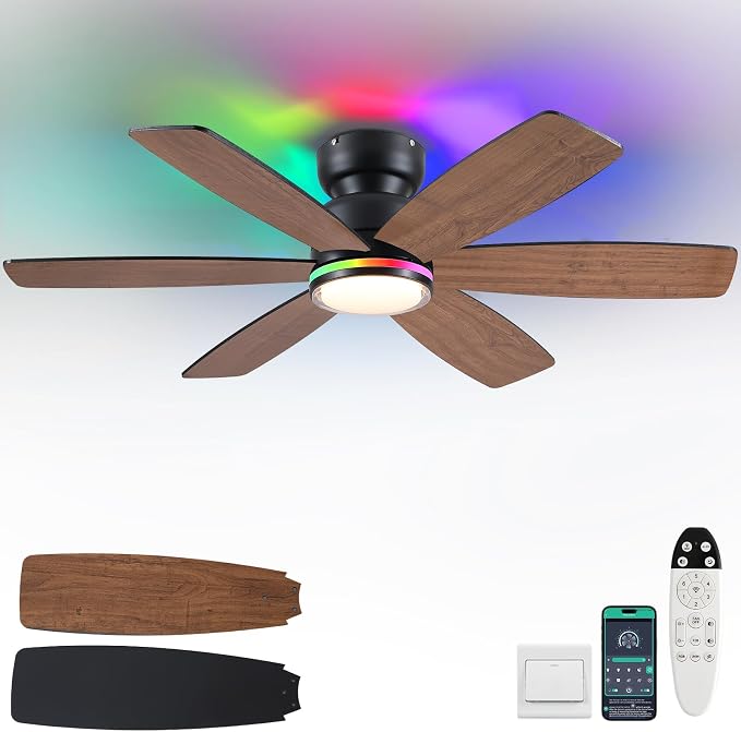 Kviflon 46 In Ceiling Fans with RGB Lights, Low Profile Ceiling Fan Remote/APP Control, Flush Mount, Double-Sided 6 Reversible Blades, RGB+3CCT Dimmable Lights, Double Lampshade for Bedroom, Brown
