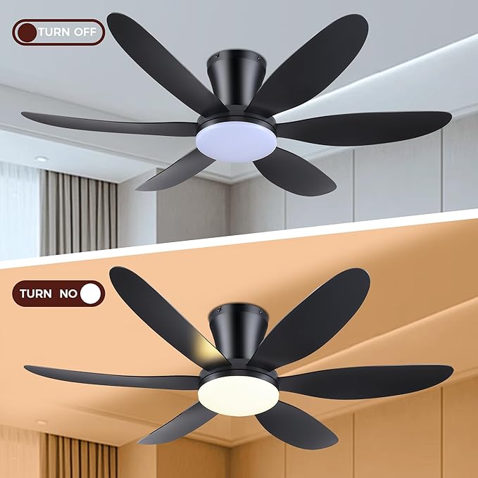 GJeg Ceiling Fans with Lights,42" Low Profile Ceiling Fan with Light and Remote Control,Flush Mount, Reversible, Dimmable, Noiseless, Black Ceiling Fan for Bedroom