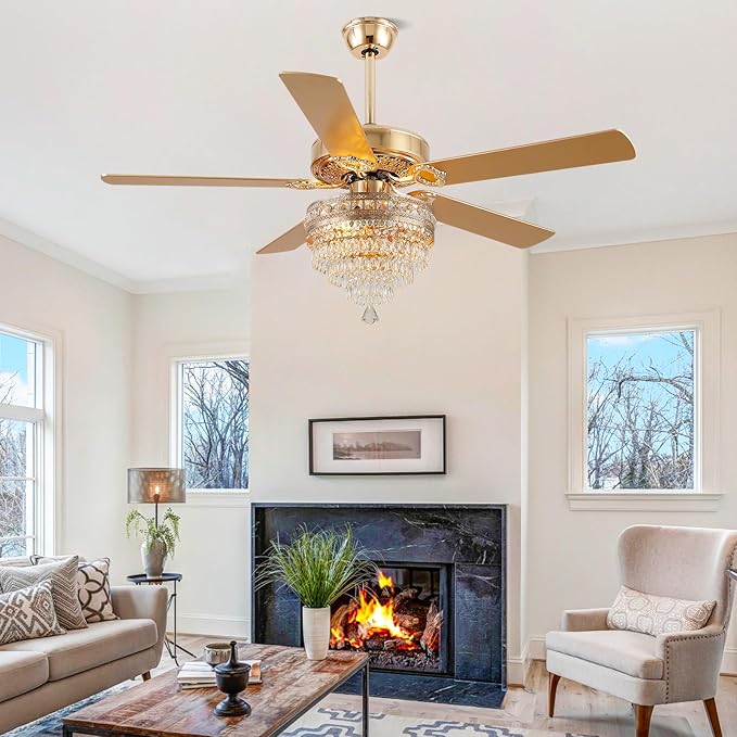 52"Golden Crystal Chandelier Ceiling Fans with Lights and Remote Control | Classical Design,6 Reversible Speeds,30W Quiet DC Motor,5 Wooden Blades,2*E12 LED Bulbs Included,for Living Room Bedroom