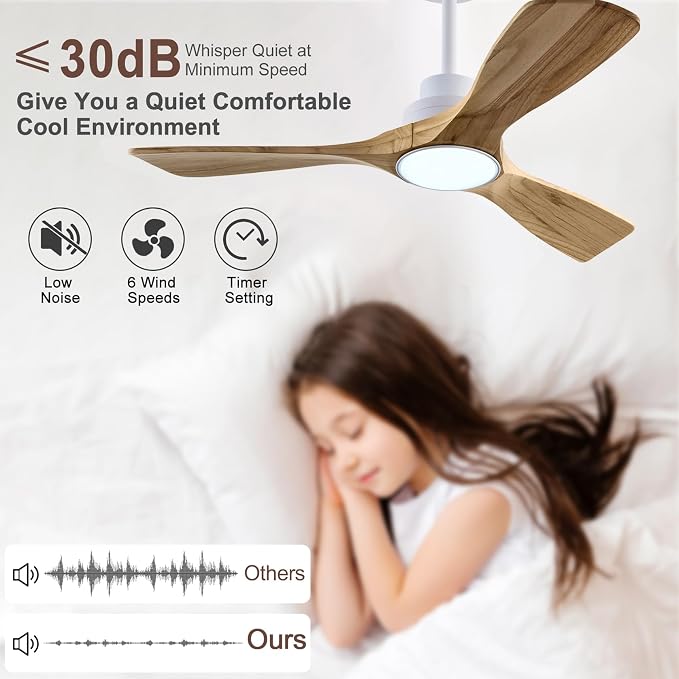 QUTWOB 42" Wood Ceiling Fan with Light, Reversible DC Motor, Remote Control | solid wood blades, quiet 6-speed reversible dc inverter motor, remote control, 3-color led, for indoor outdoor patio bedroom