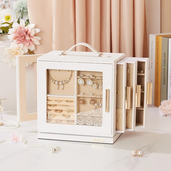 Homde Rotating Jewelry Box for Women: 7-Drawer Organizer with Clear Window | 4-Side Access Sorts Daily Jewelry - Jewelry Lovers Find Favorites Fast on Vanities - Display for Earring Ring Necklace
