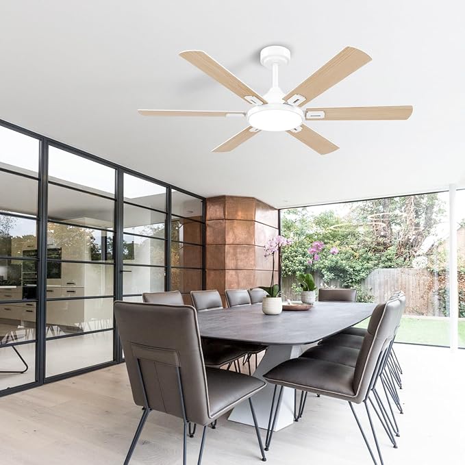 52 Inch Ceiling Fans with Lights, 6 Wooden Blades, White | Remote Control, Reversible Quiet DC Motor, 6-Speed, 3CCT Dimmable LED, Timer for Living Room, Bedroom, Office