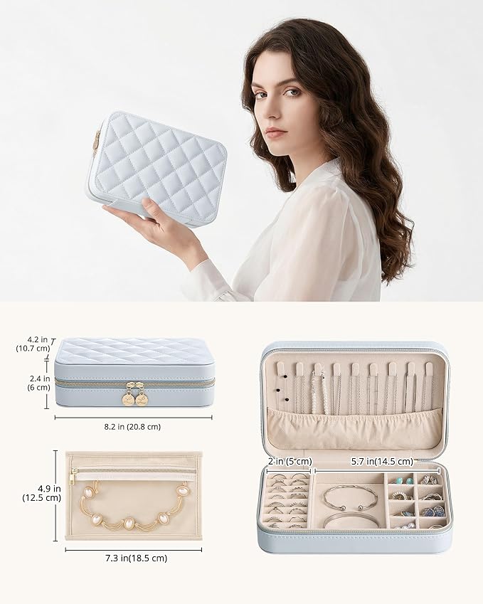 Lolalet Travel Jewelry Case for Women Girls, PU Leather Jewelry Organizer with Clear Storage Bag Small Portable Jewelry Box for Necklace Bracelet Earring Ring Birthday Bridesmaid Gifts -Large/Blue