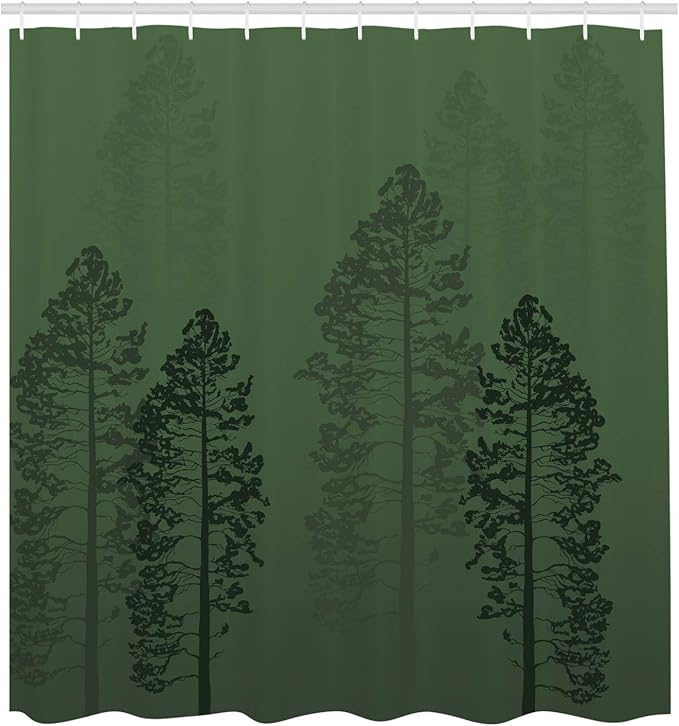 Ambesonne Country Shower Curtain, Pine Trees in The Forest on Foggy Seem Ombre Backdrop Wildlife Adventure Artwork, Cloth Fabric Bathroom Decor Set with Hooks, 69" W x 84" L, Forest Green